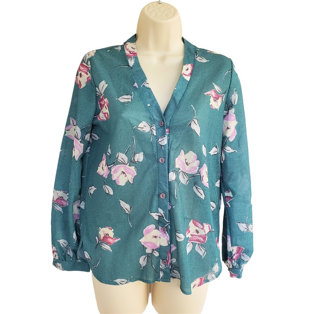 Vintage 70s/80s sheer Sparkly green floral v-neck blouse shirt